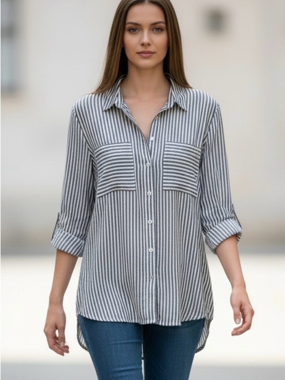 Love Tree Gray and White Striped Button-Down Tunic